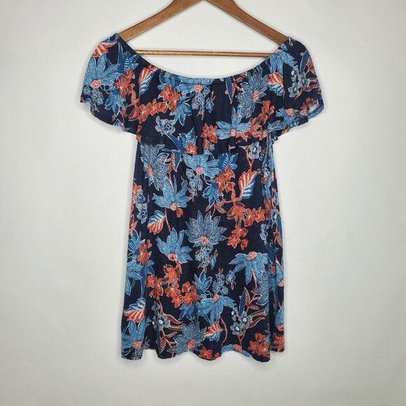 J Jill Womens Love Linen Blue Red Floral Off The Shoulder Blouse Size L Ruffled - Picture 3 of 10